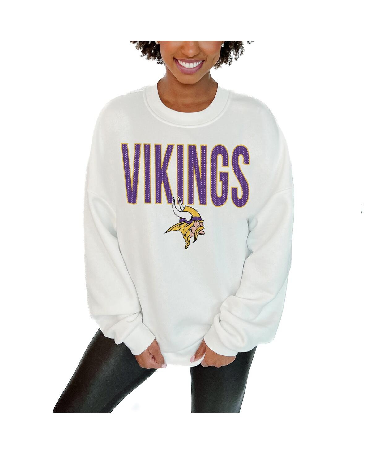 GAMEDAY COUTURE WOMEN'S WHITE MINNESOTA VIKINGS JUST GO WITH IT OVERSIZED LONG SLEEVE CREWNECK SWEATSHIRT 