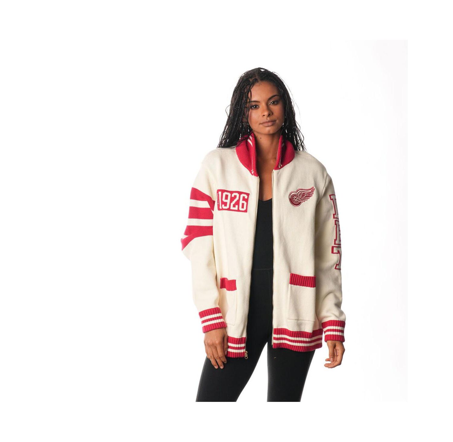 Men's and Women's Cream Detroit Red Wings Jacquard Full-Zip Sweater