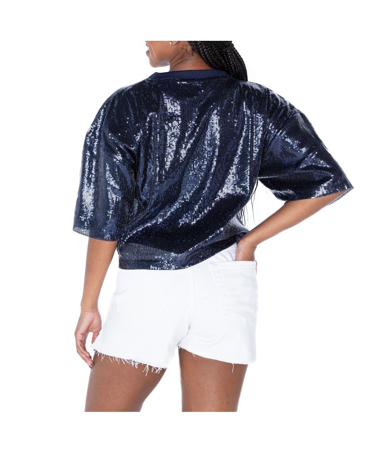 Women's Navy Denver Broncos Rise Up Sequin Cropped T-Shirt - Navy