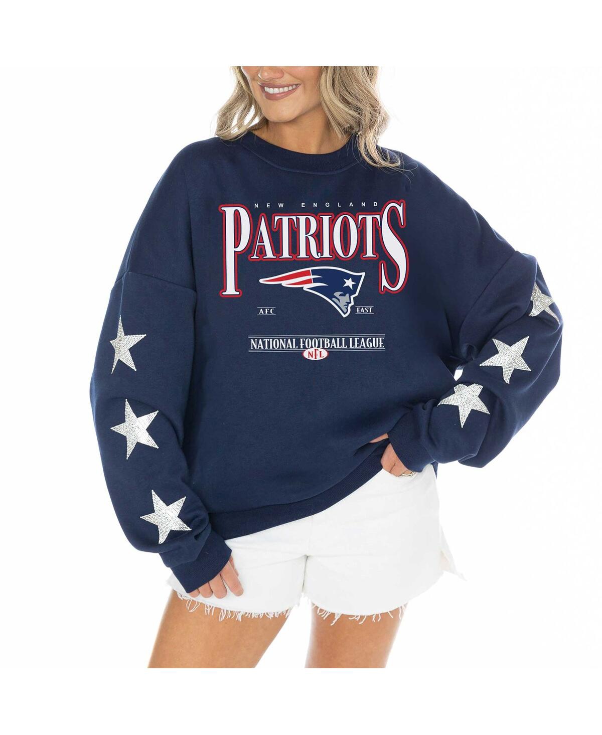 Women's Navy New England Patriots Rhinestone Star Sleeve Settle the Score Tri-Blend Pullover - Navy