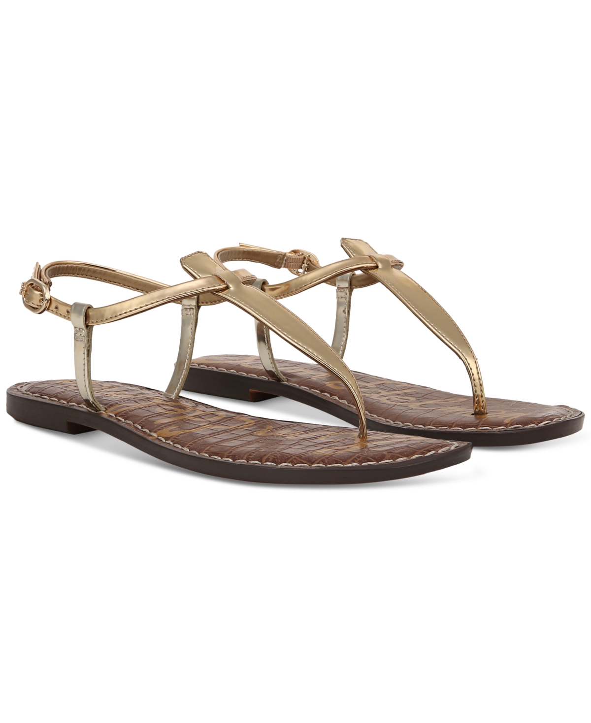 Sam Edelman Gigi Womens Leather Slingback T-strap Sandals In Amber Gold Metallic Faux Leather