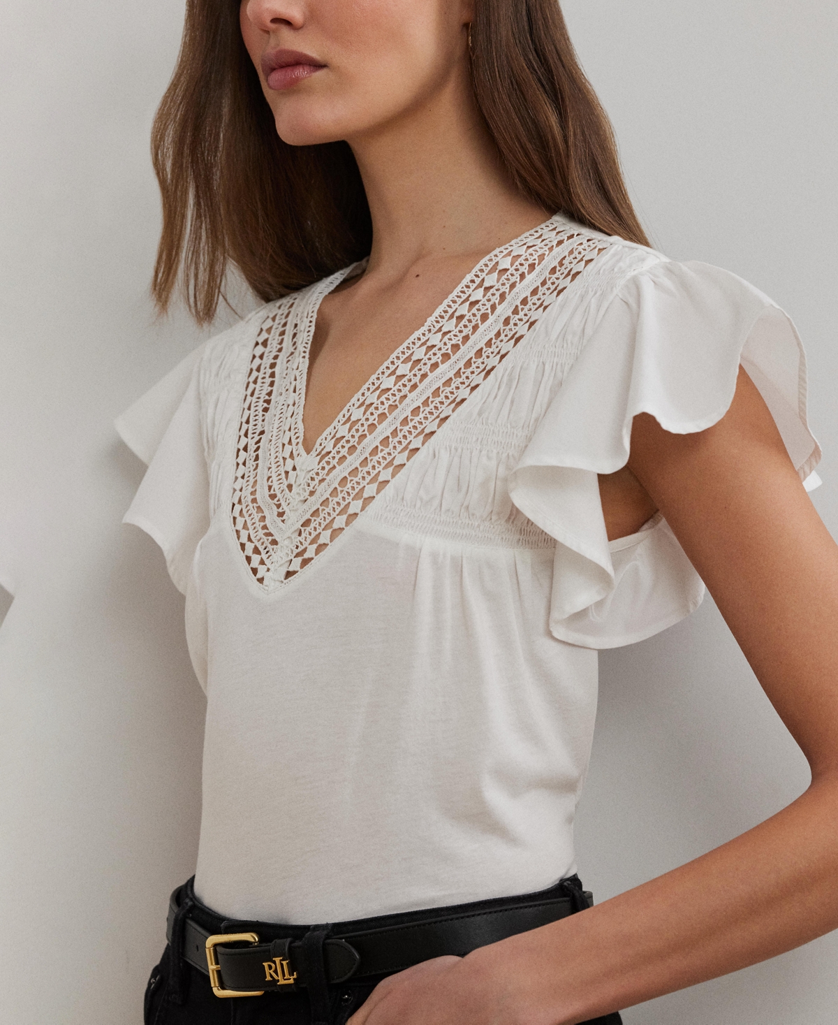 Shop Ralph Lauren Women's Lace-trim Jersey Flutter-sleeve Tee In White