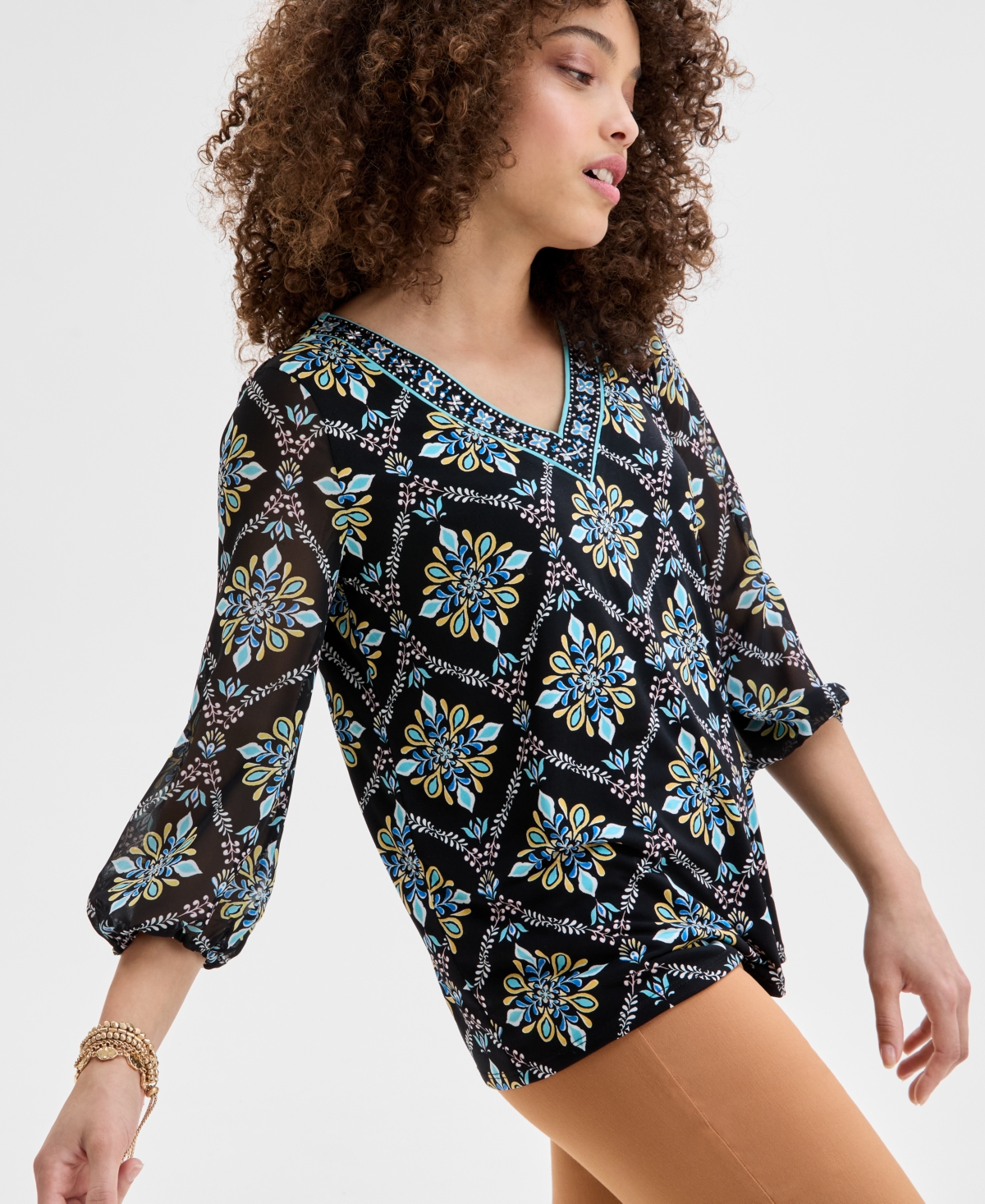 JM COLLECTION PETITE ARTISAN MEDALLION-PRINT EMBELLISHED TOP, EXCLUSIVELY AT MACY'S 