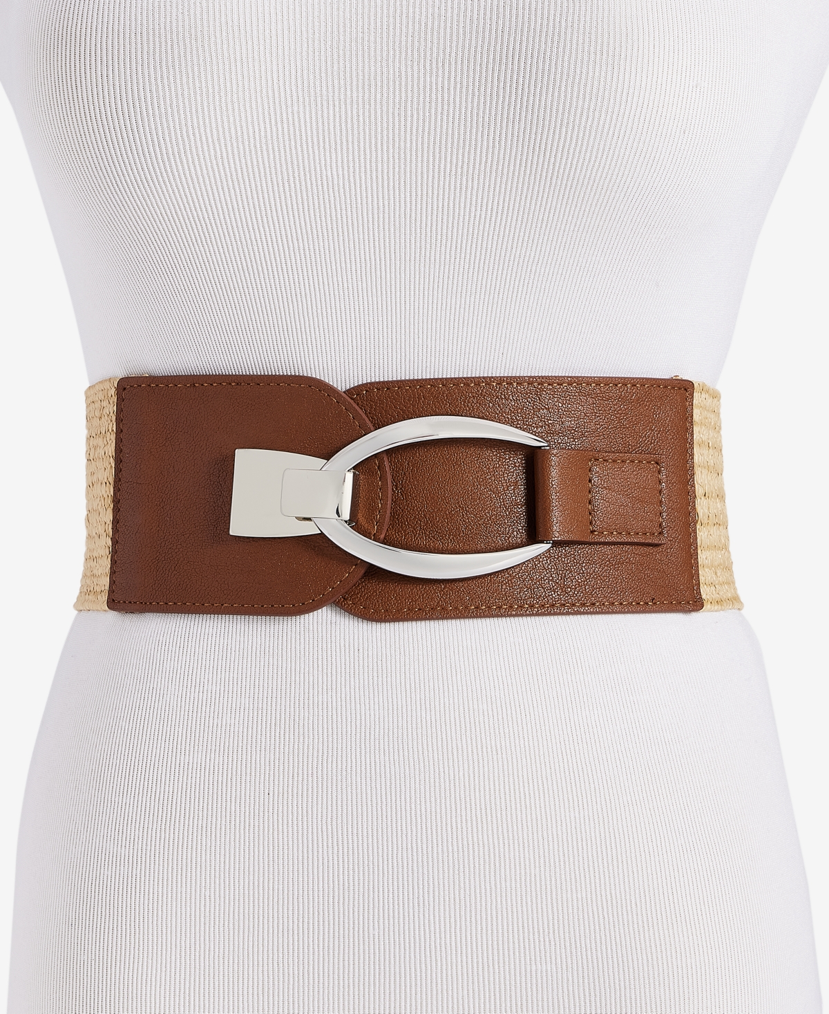 Stretch Straw Oval & Hook Belt, Exclusively at Macy's - Natural Cognac