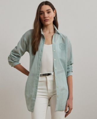 売れ筋商品|||ラルフローレン カットソー トップス レディース Plus Size Oversize Striped Cotton Voile Shirt Washed Sage Multi Lauren Ralph Lauren Women's Oversize Striped Cotton Voile