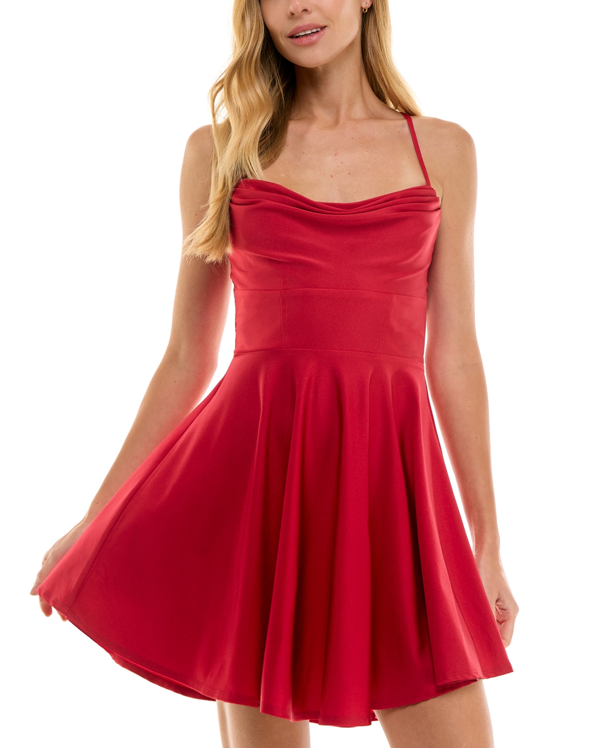 CITY STUDIOS JUNIORS' DRAPED SLEEVELESS SATIN FIT & FLARE DRESS 