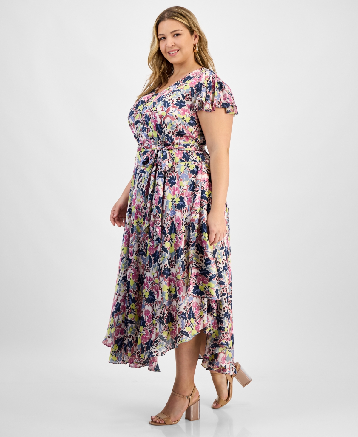 Vince Camuto Floral Flutter Sleeve Asymmetric Midi Dress In Violet Blush