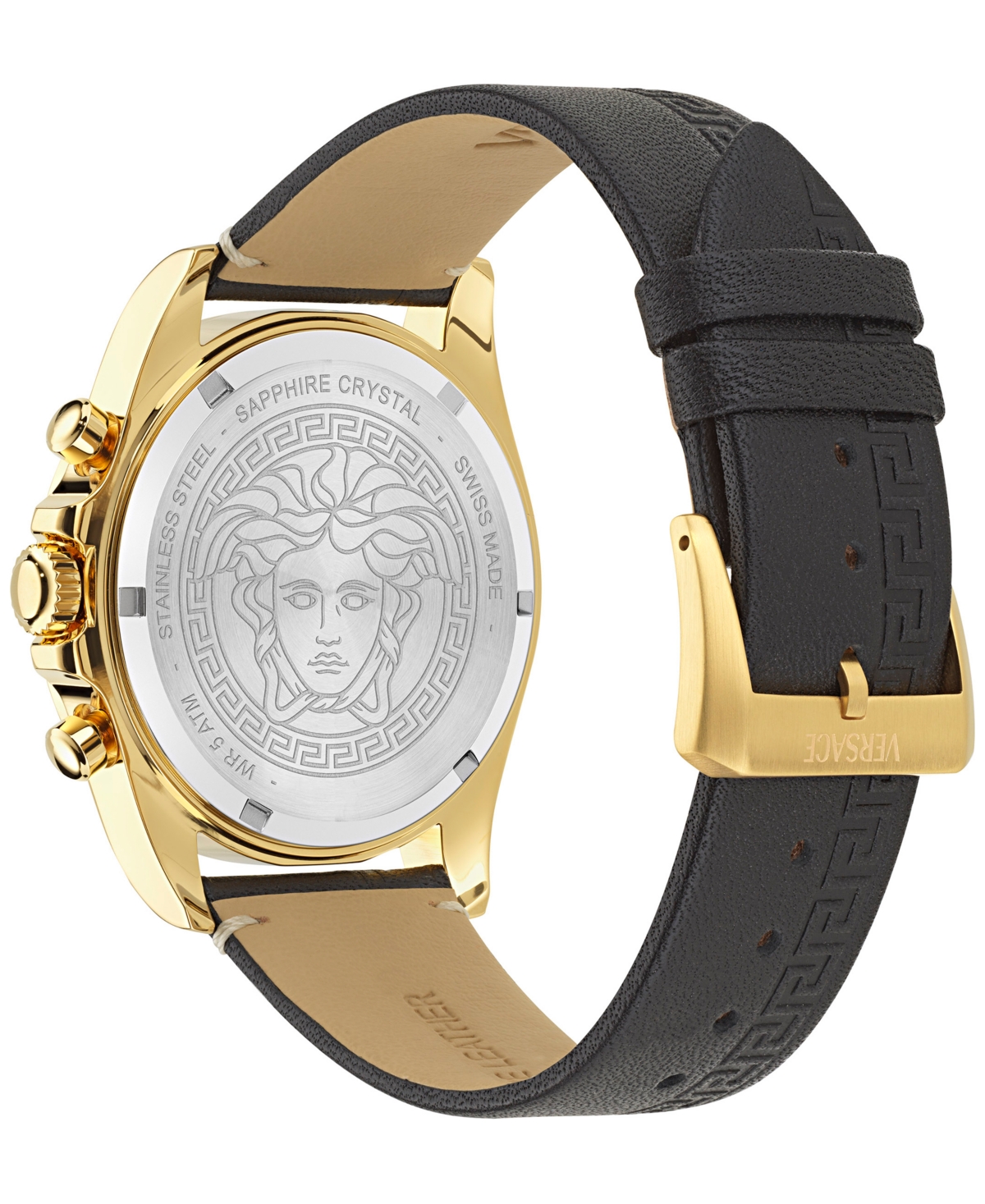 Versace Men's Swiss Chronograph Greca Wave Black Leather Strap Watch 43mm In Gold