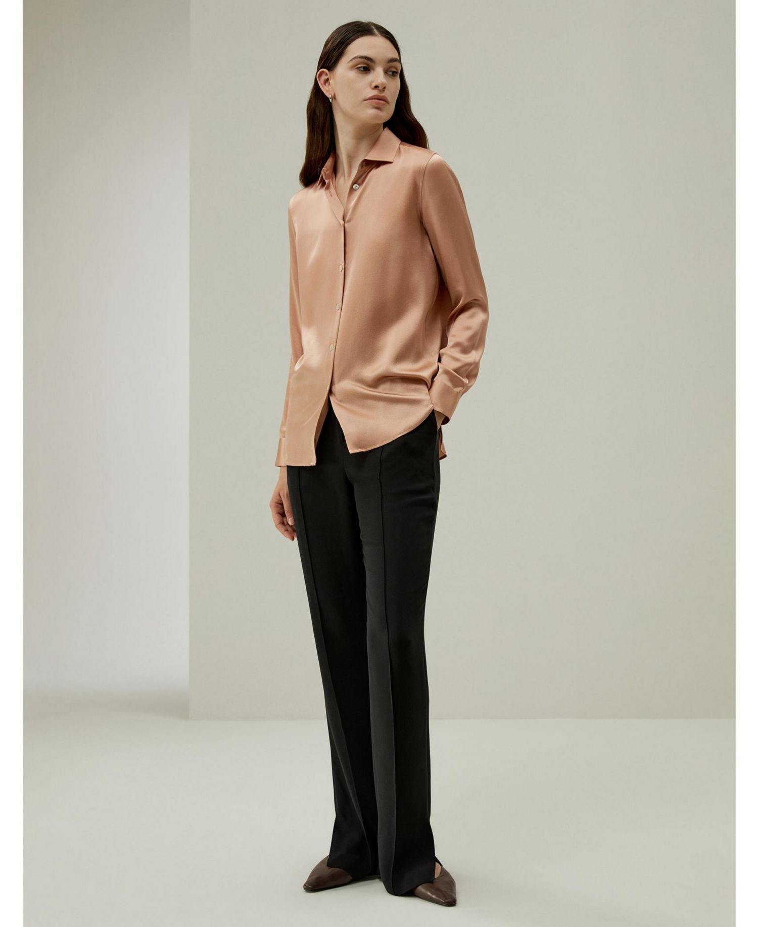 Women's Minimalist Placket Silk Blouse with Shell Buttons