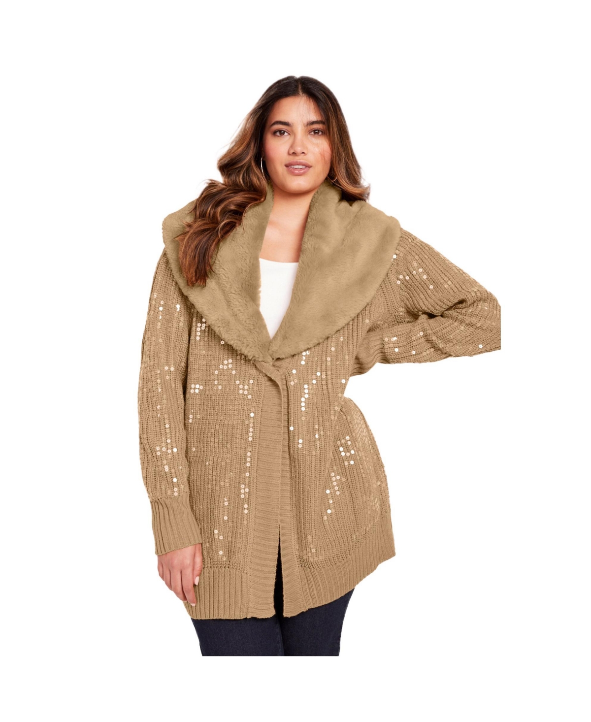 Plus Size June + Vie Sequin Button-Up Sweater - Soft camel