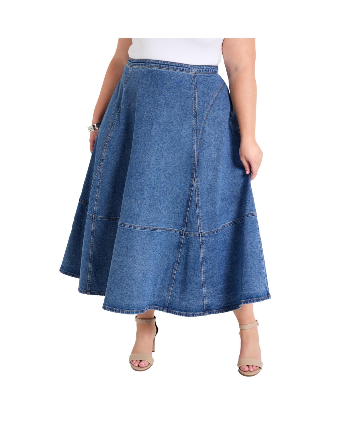 Plus Size June + Vie Fit-And-Flare Denim Midi Skirt - Dark rinse