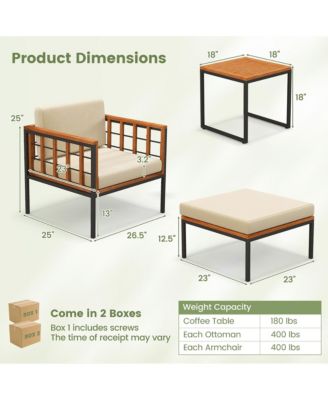 5 PCS Acacia Wood Patio Furniture Set w/ Ottomans Soft Cushions & Coffee Table