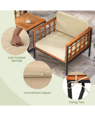 5 PCS Acacia Wood Patio Furniture Set w/ Ottomans Soft Cushions & Coffee Table