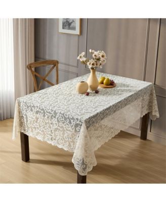 Scroll Lace Fabric Tablecloth, Lace Fabric Table Cloth for Rectangle Tables, Wrinkle Resistant Tablecloth, Patterned Scalloped Tablecloth (60 W x 120 L, Linen Taupe)