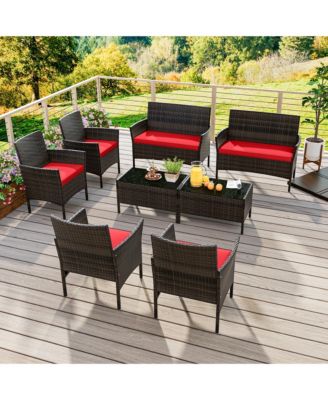 8 PCS Patio Furniture Set w/Washable Cushions & Tempered Glass Coffee Table