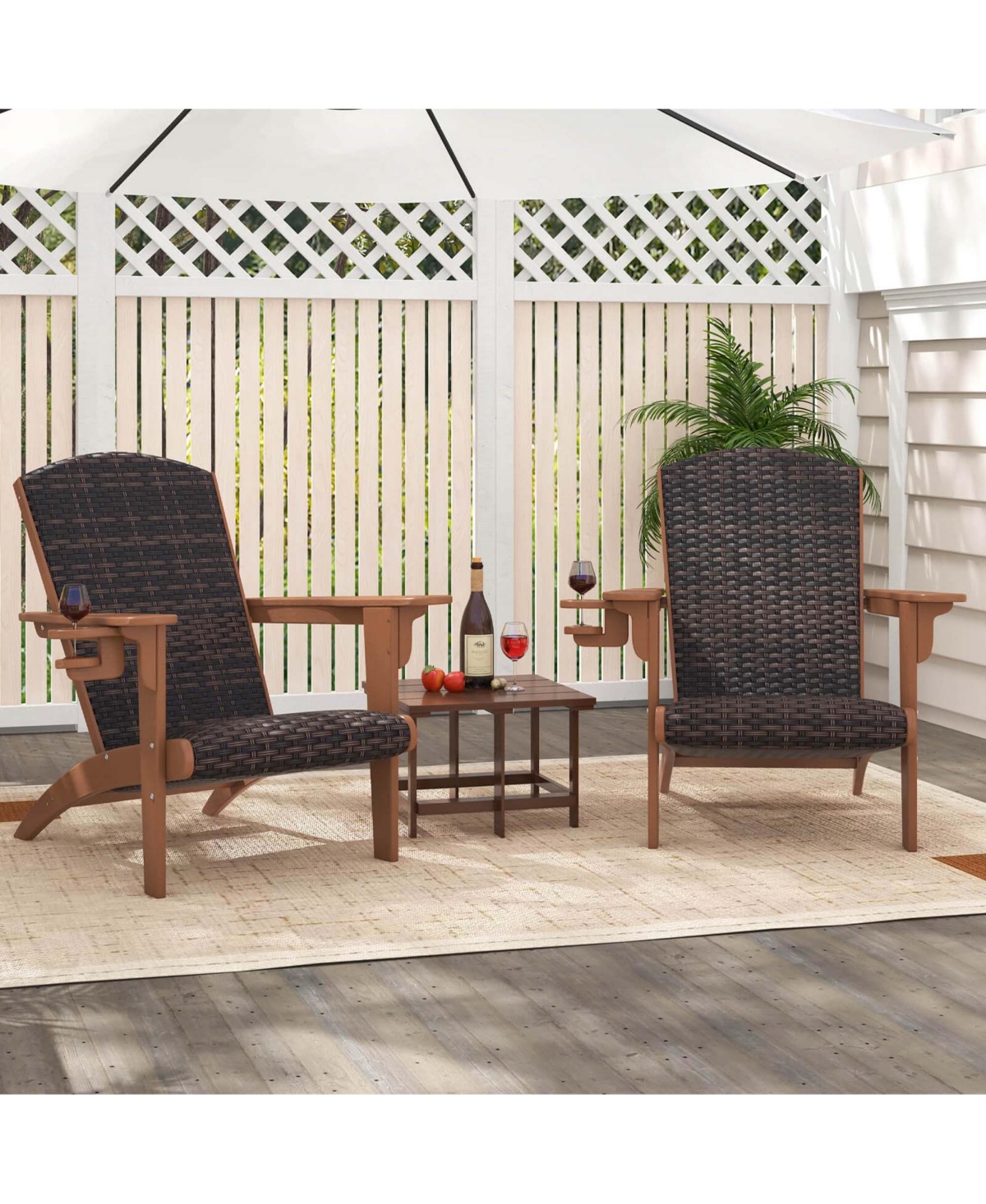Patio Adirondack Chair with Rattan Padded Seat Wide Armrests & Hidden Cupholder