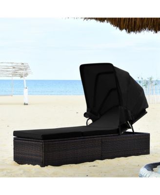 2PCS Patio Rattan Lounge Chair Chaise Cushion Canopy Adjustable Tea Table