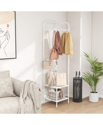 Corner Coat Rack with Top Hanger and 2 Mesh Shelves for Entryway, Hallway, Living Room, or Bedroom Storage
