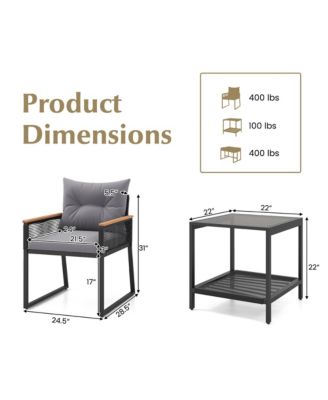 3 PCS Patio Furniture Set PE Rattan Wicker Chairs w/ 2 Tier Coffee Table Soft Back