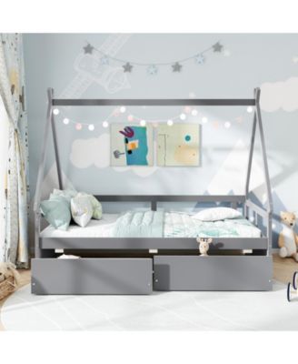 Wooden House Bed with Roof Design and Secure Guardrail