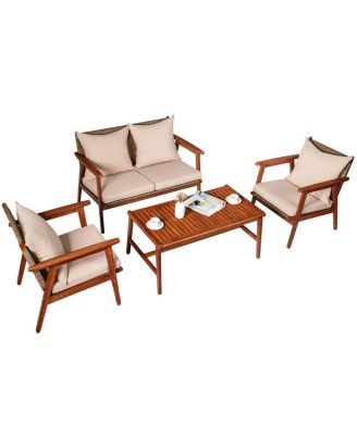 4 Pieces Acacia Wood Patio Rattan Furniture Set with Zippered Cushions