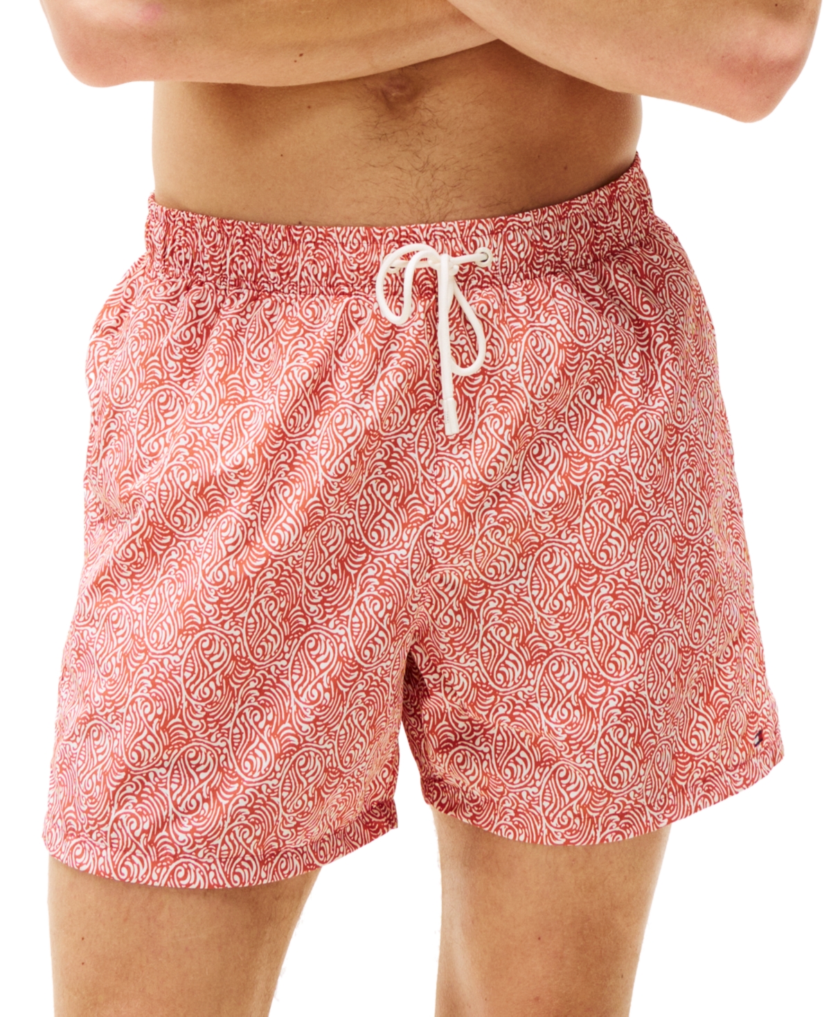 Tommy Hilfiger Men's Print Drawstring 5" Swim Trunks In Illustrated Wave Brilliant Orange