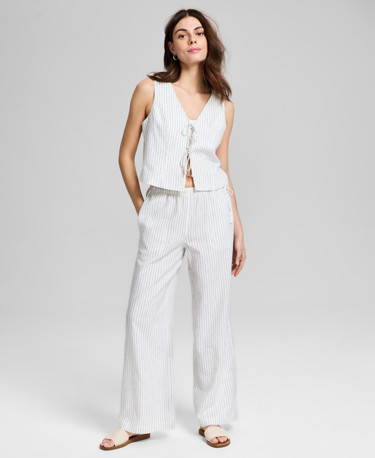Women's Wide-Leg Side-Tie Striped Pants, Exclusively at Macy's - Crushed Oregano