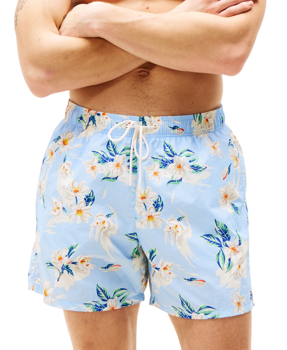 Tommy Hilfiger Men's Print Drawstring 5" Swim Trunks In Tropical Floral Sweet Blue
