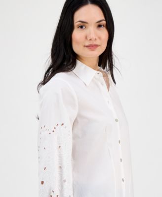 Women's Button-Front Embroidered-Sleeve Shirt