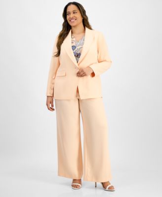 Tahari Asl Plus Size Single Button Crepe Blazer Paisley Blouse Wide Leg Pants In Multi