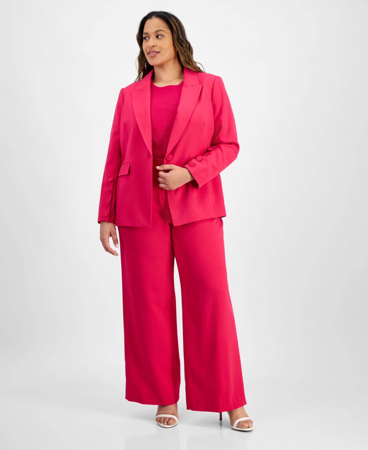 Plus Size Single-Button Crepe Blazer, Knit T-Shirt & Wide-Leg Pants
