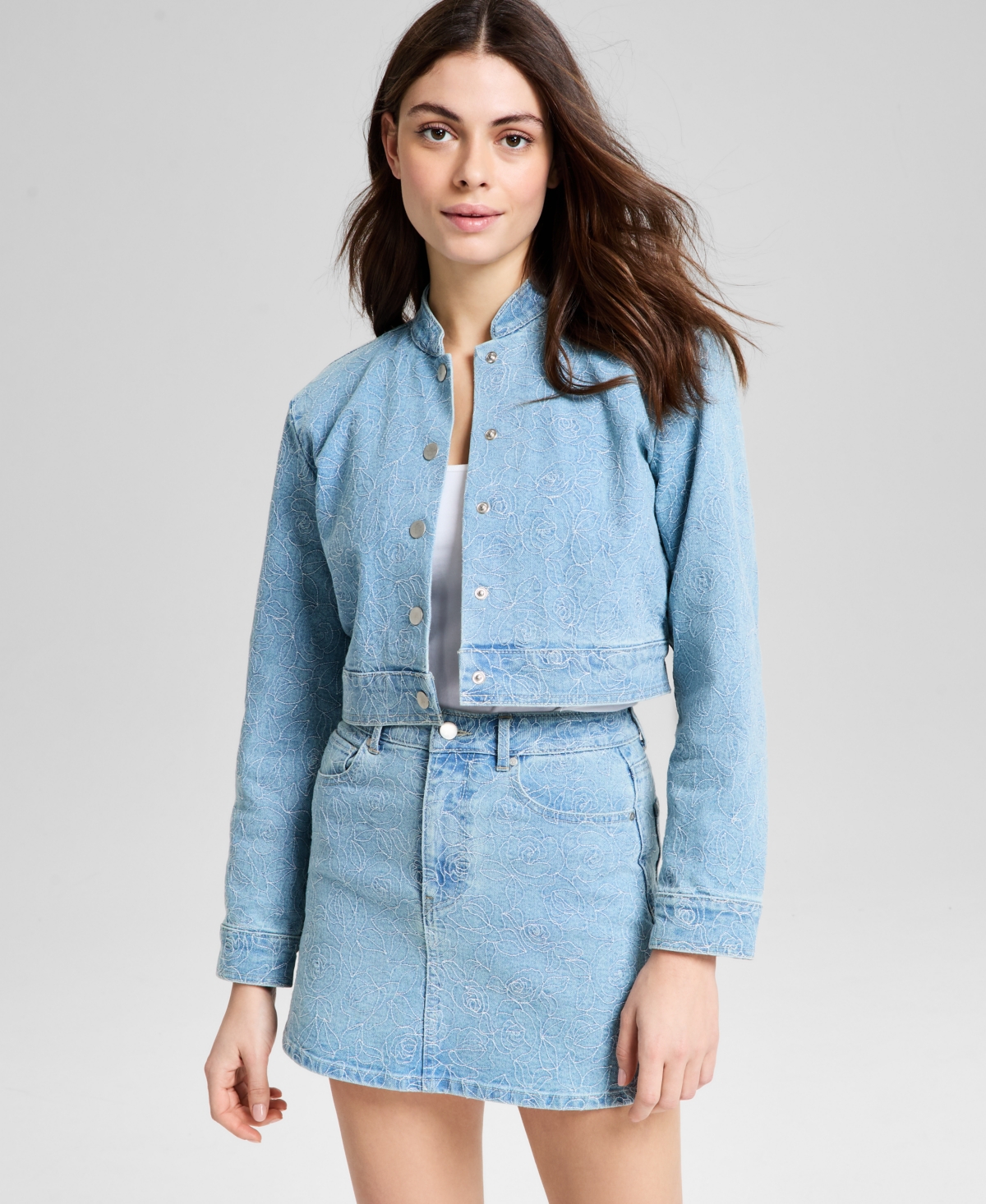 Women's Floral-Embroidered Denim Jacket, Exclusively at Macy's - Medium Wash