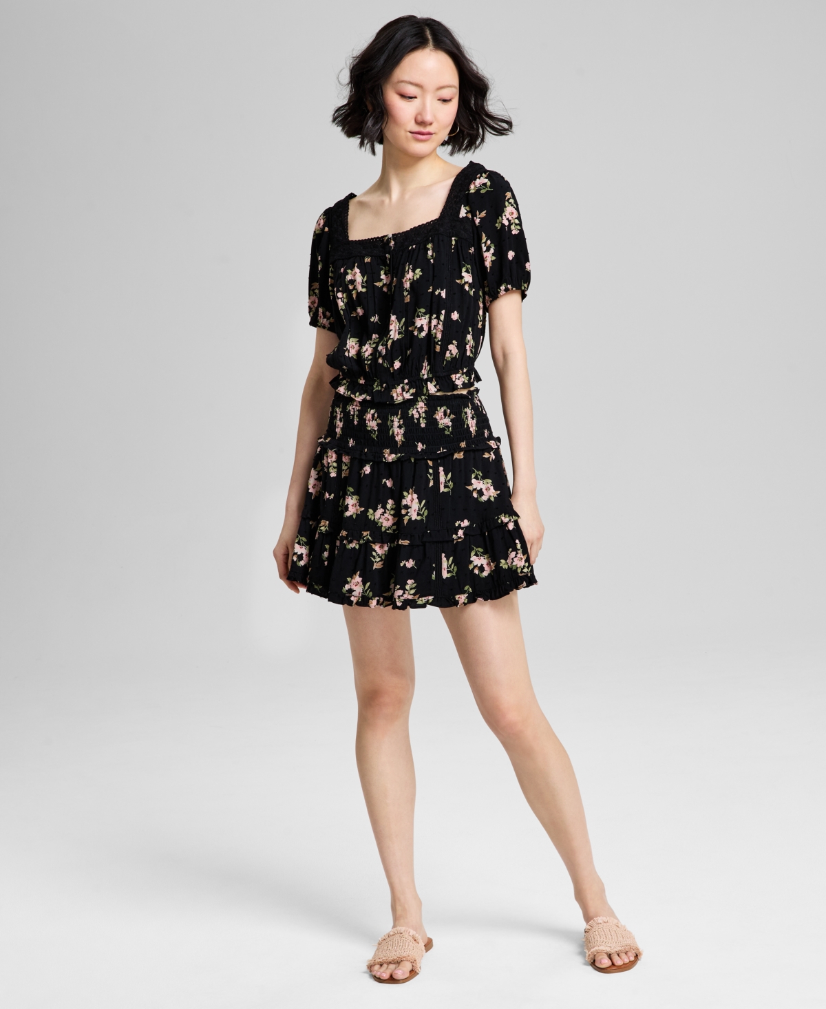 Women's Floral Print Tiered Mini Skirt, Exclusively at Macy's - Cream/purple Floral