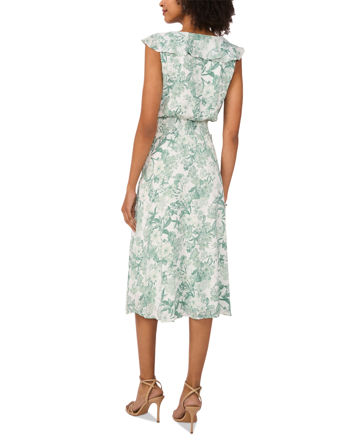 Shop Vince Camuto Women's Ruffled-v-neck Smocked-waist Midi Dress In Brook Green