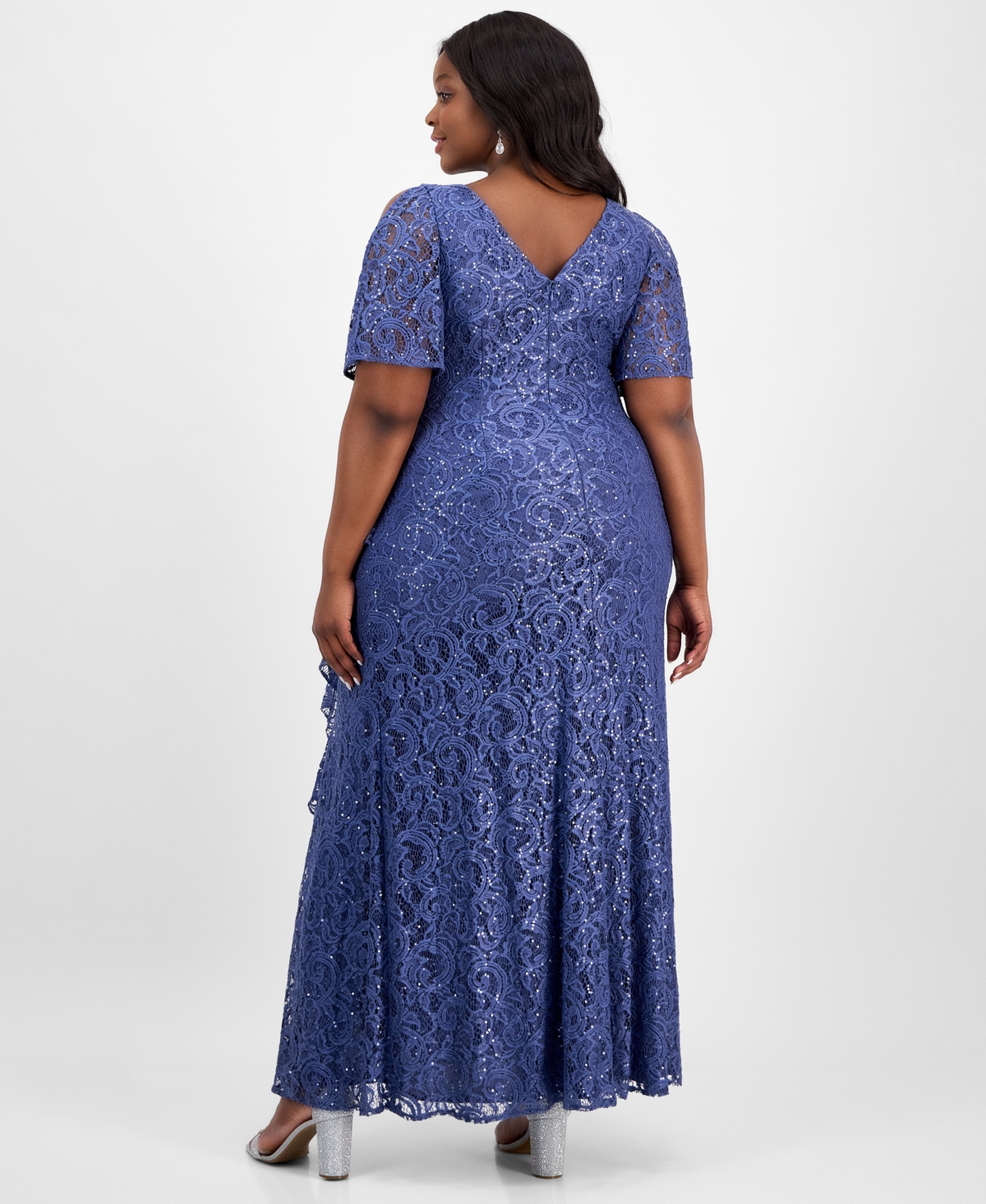 Alex Evenings Plus Size V-neck Ruffle-trim-slit Sequin Dress In Wedgewood