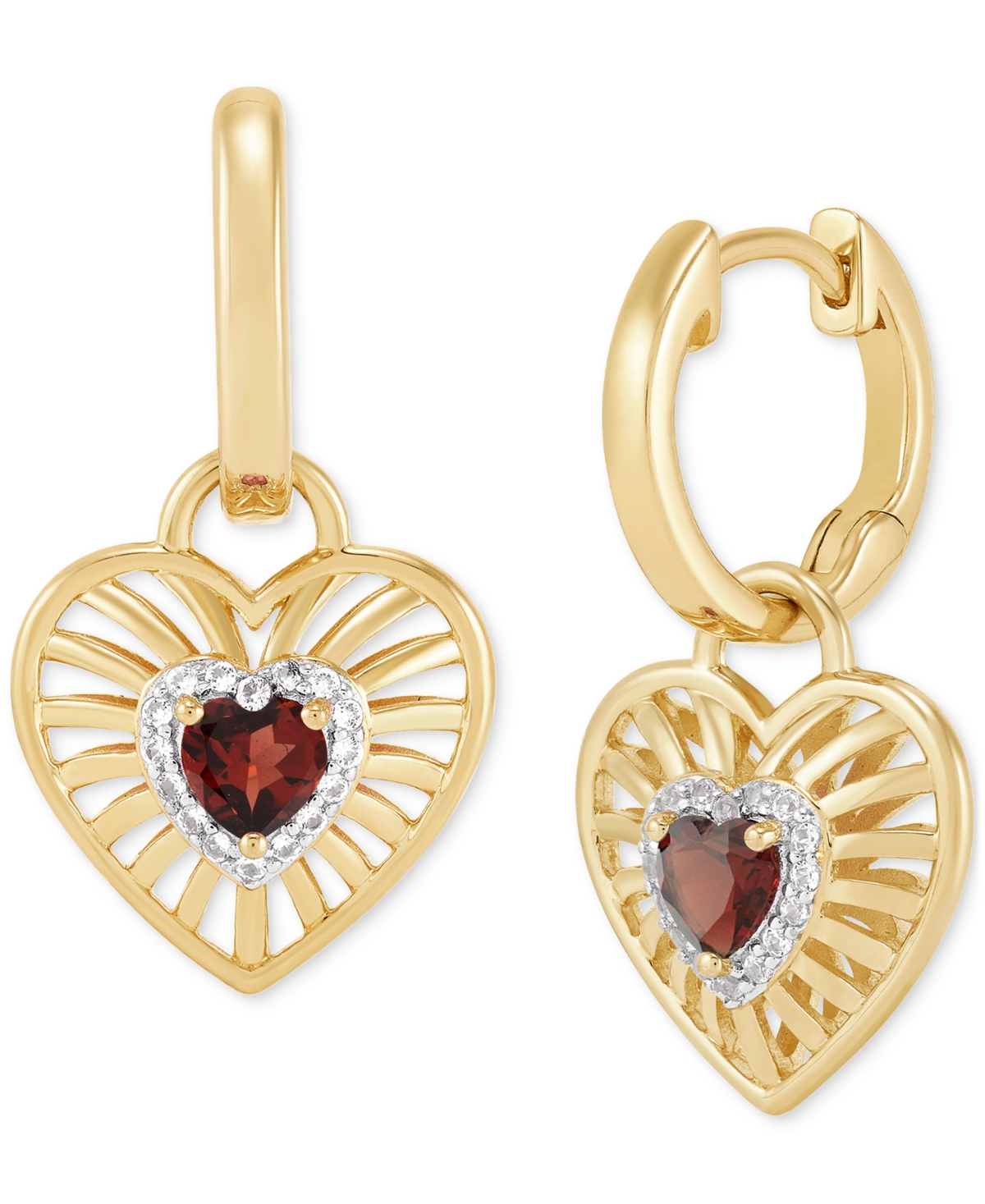 Macy's Amethyst Or Garnet (1/2 Ct. T.w.) & White Topaz (1/8 Ct. T.w.) Heart Drop Earrings In 14k Yellow Gol In Garnet