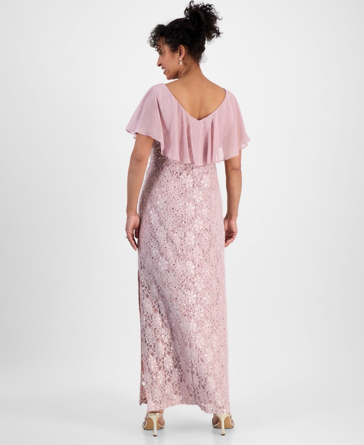 Connected Sequined Lace Chiffon Overlay Gown In Mauve
