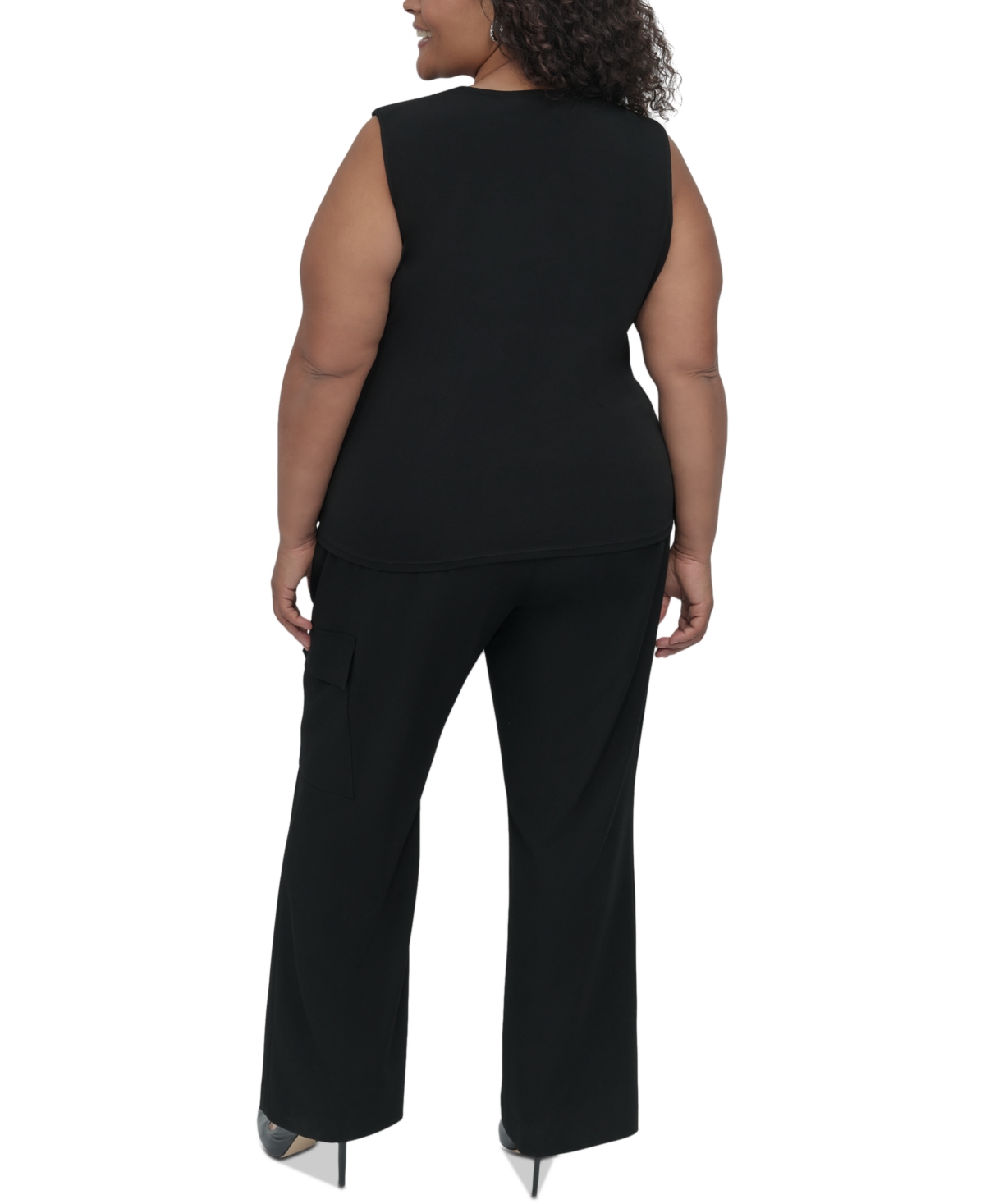 Dkny Plus Size Gathered Zip-shoulder Sleeveless Blouse In Black
