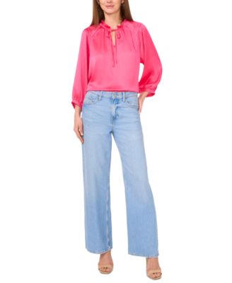 Women's Satin Split-Neck Peasant Top