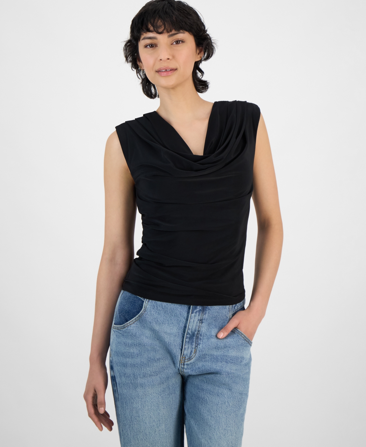 Women's Cap-Sleeve Cowlneck Top, Created for Macy's - Deep Black