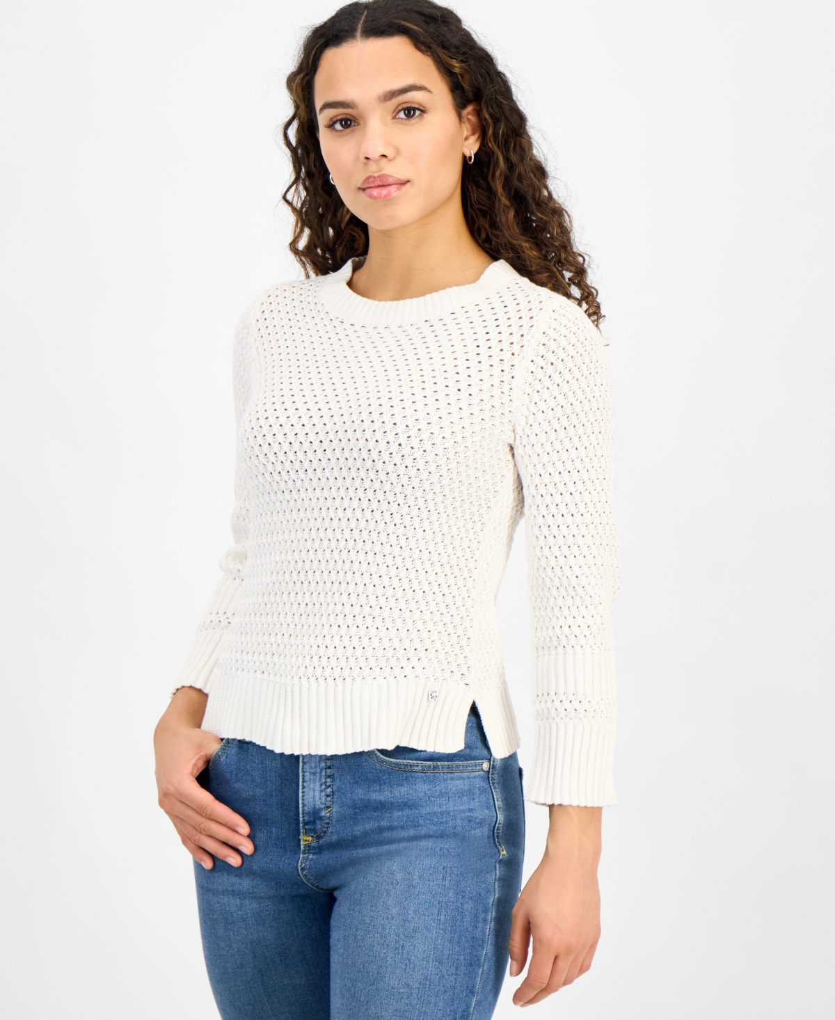DKNY JEANS PETITE COTTON OPEN-STITCH VENTED-HEM SWEATER 