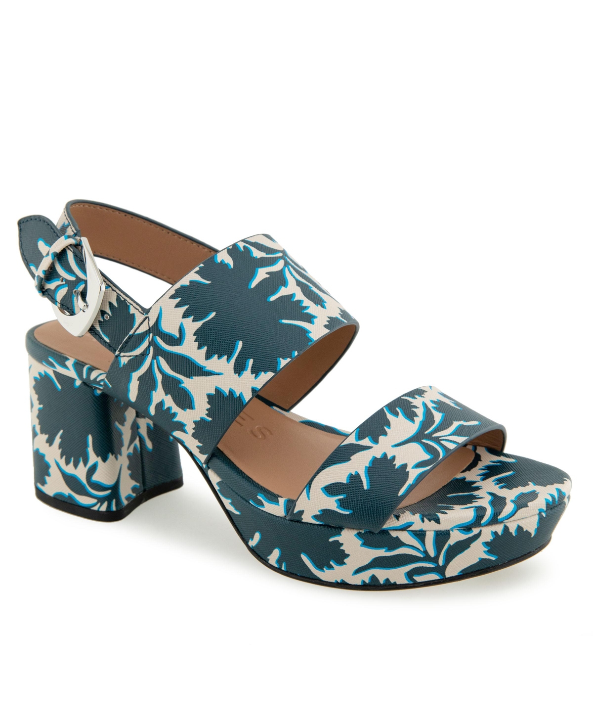 Shop Aerosoles Women's Camilia Round Toe Platform Sandals In Navy,eggnog Printed Floral Faux Leather