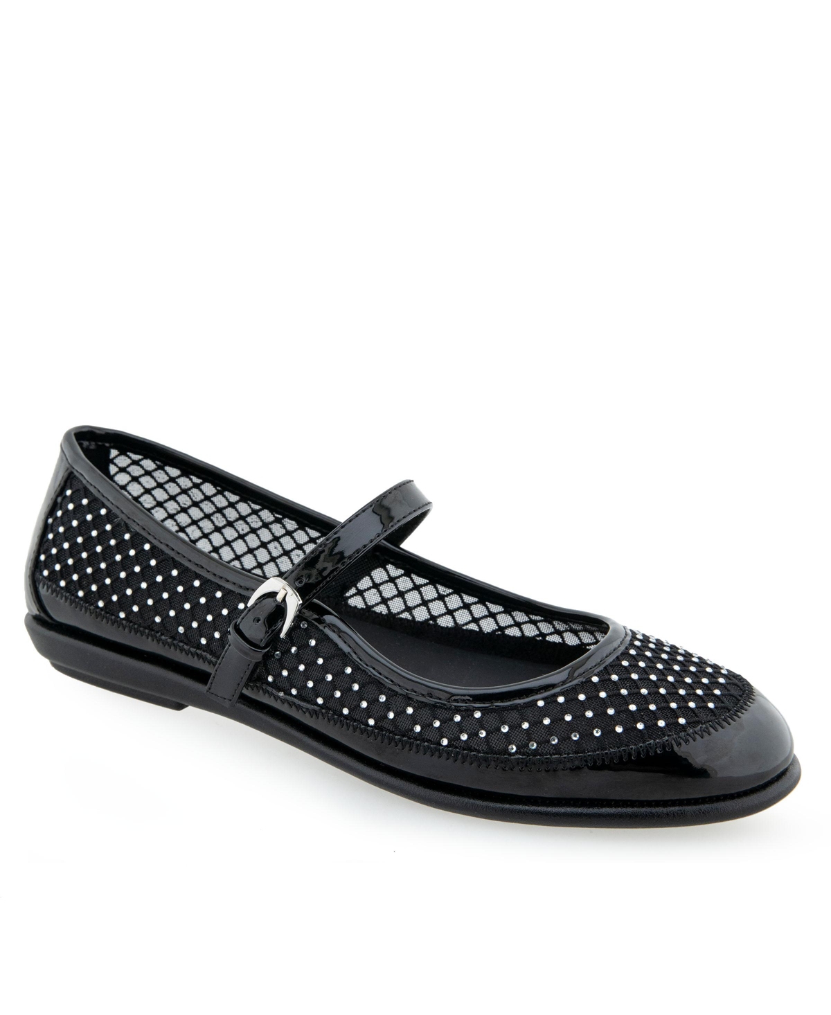 Shop Aerosoles Women's Baylee Round Toe Mary Jane Flats In Crystal,black Mesh Fabric