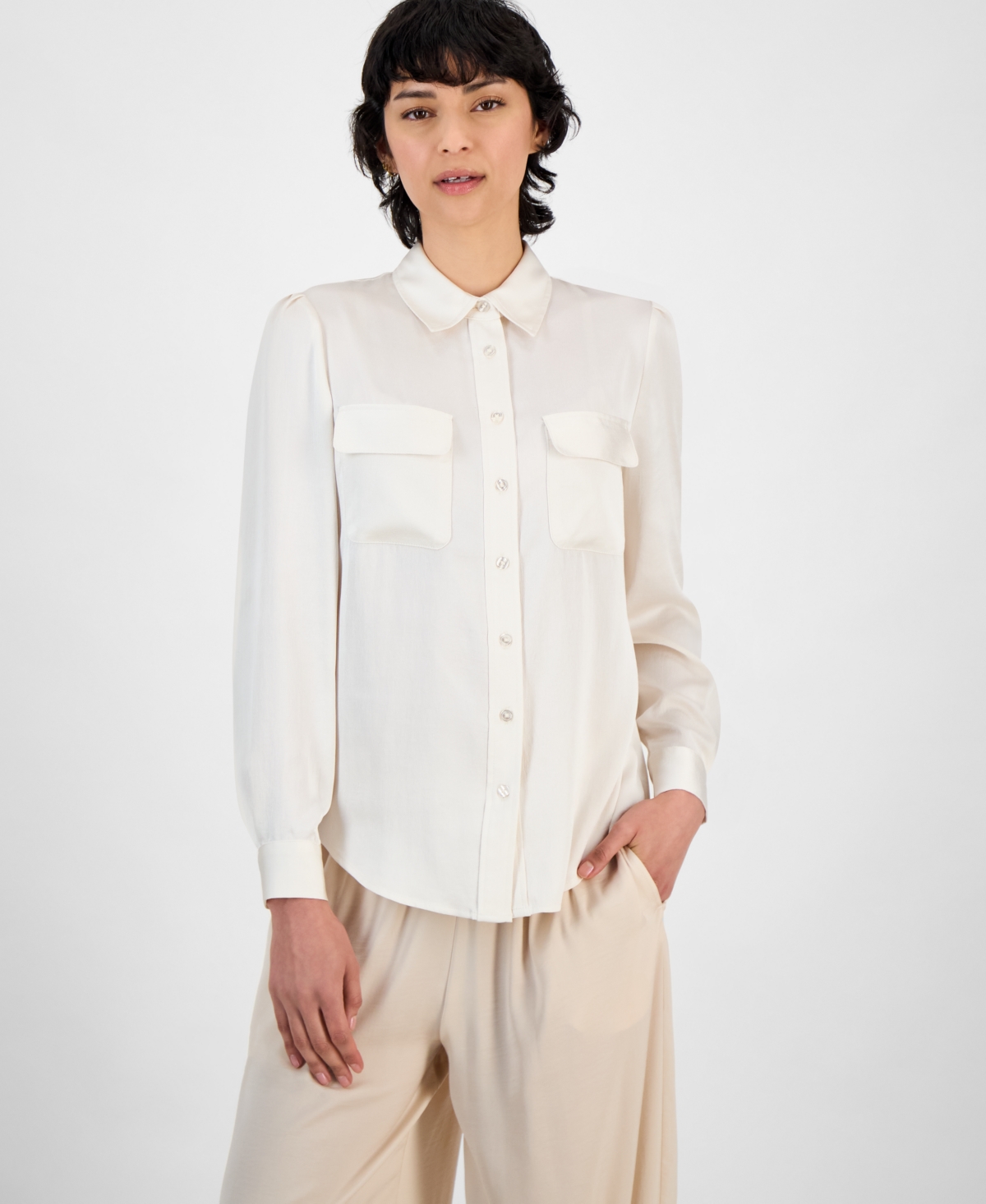 Bar Iii Women's Button-front Long-sleeve Blouse, Exclusively At Macy's In White