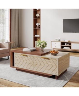 Extendable Coffee Table with 2 Storage Drawers, Dual-Tone Center Table with Sliding Tabletop
