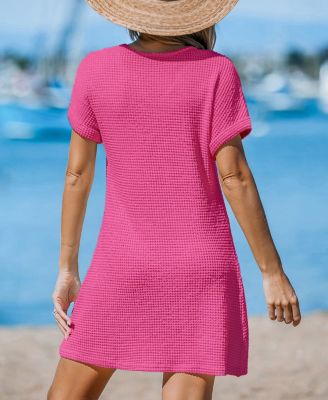 Women's Waffle Knit Short Sleeve Hem Twist Mini Cover-Up