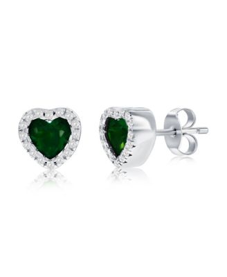 Sterling Silver, Emerald CZ Heart Stud Earrings