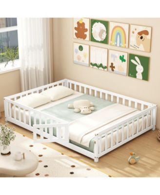 Montessori Bed Frame with Full-length Guardrails Safety Door and Latch