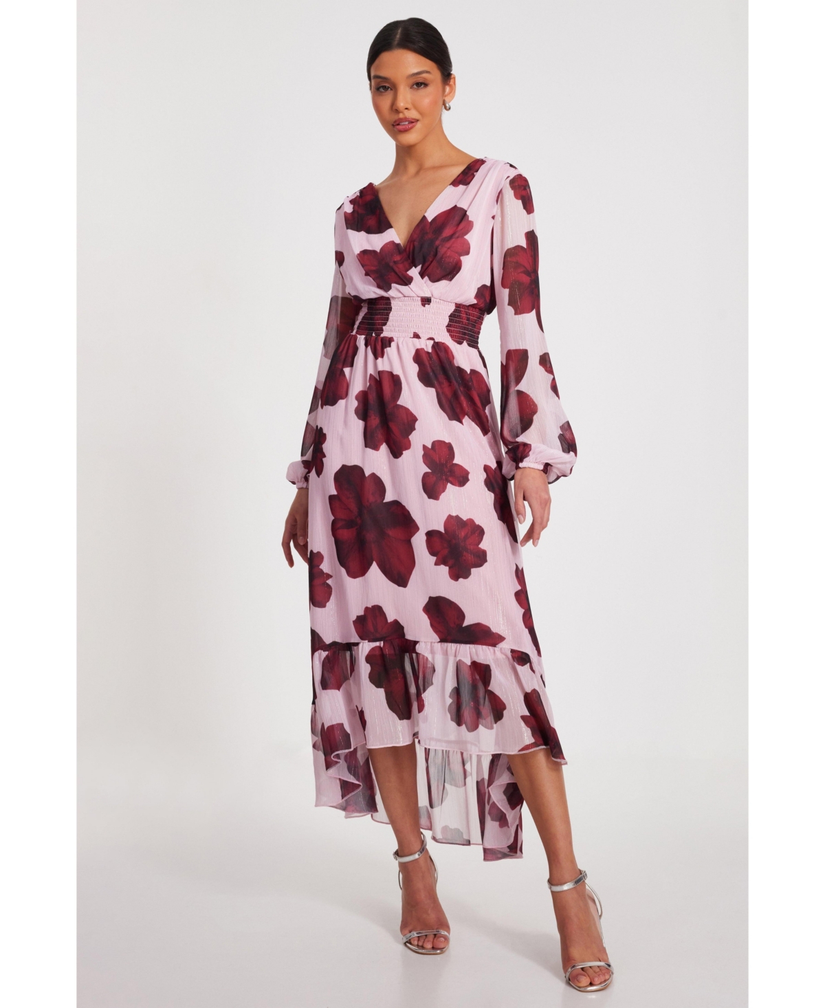 Women's Floral Midi Dip Hem Dress - Blush