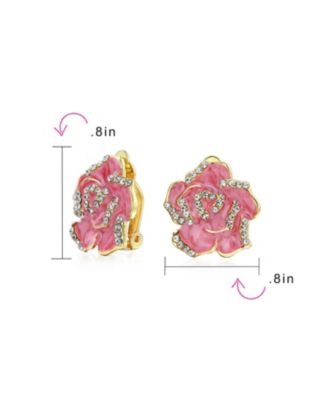 Pink Red Enamel Flower Crystal Edge Clip-On Earrings Gold Plated For Non-Pierced